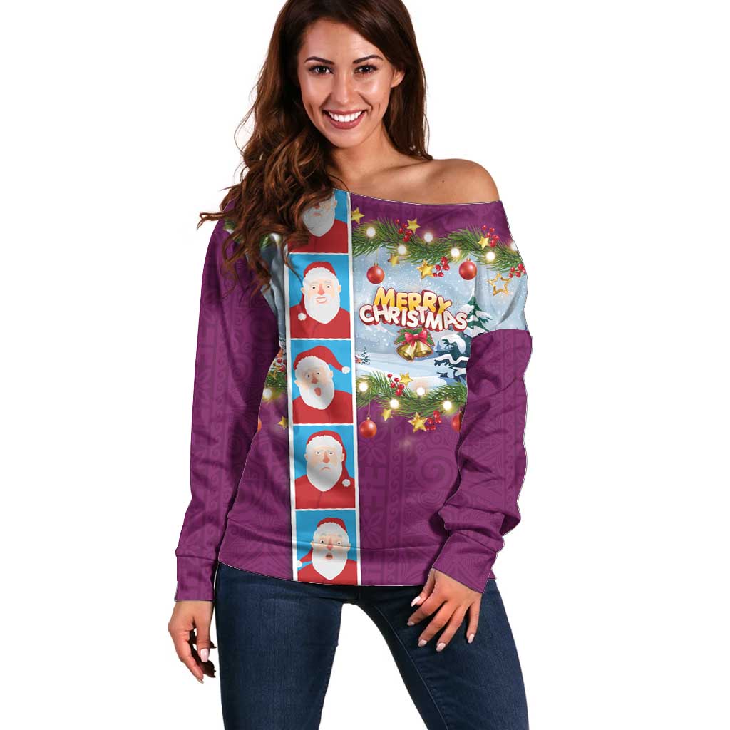 Merry Christmas Off Shoulder Sweater Funny Santa Claus Cards Photo and Polynesian Pattern Pink Color LT03 Women Pink - Polynesian Pride