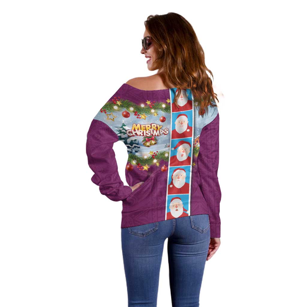 Merry Christmas Off Shoulder Sweater Funny Santa Claus Cards Photo and Polynesian Pattern Pink Color