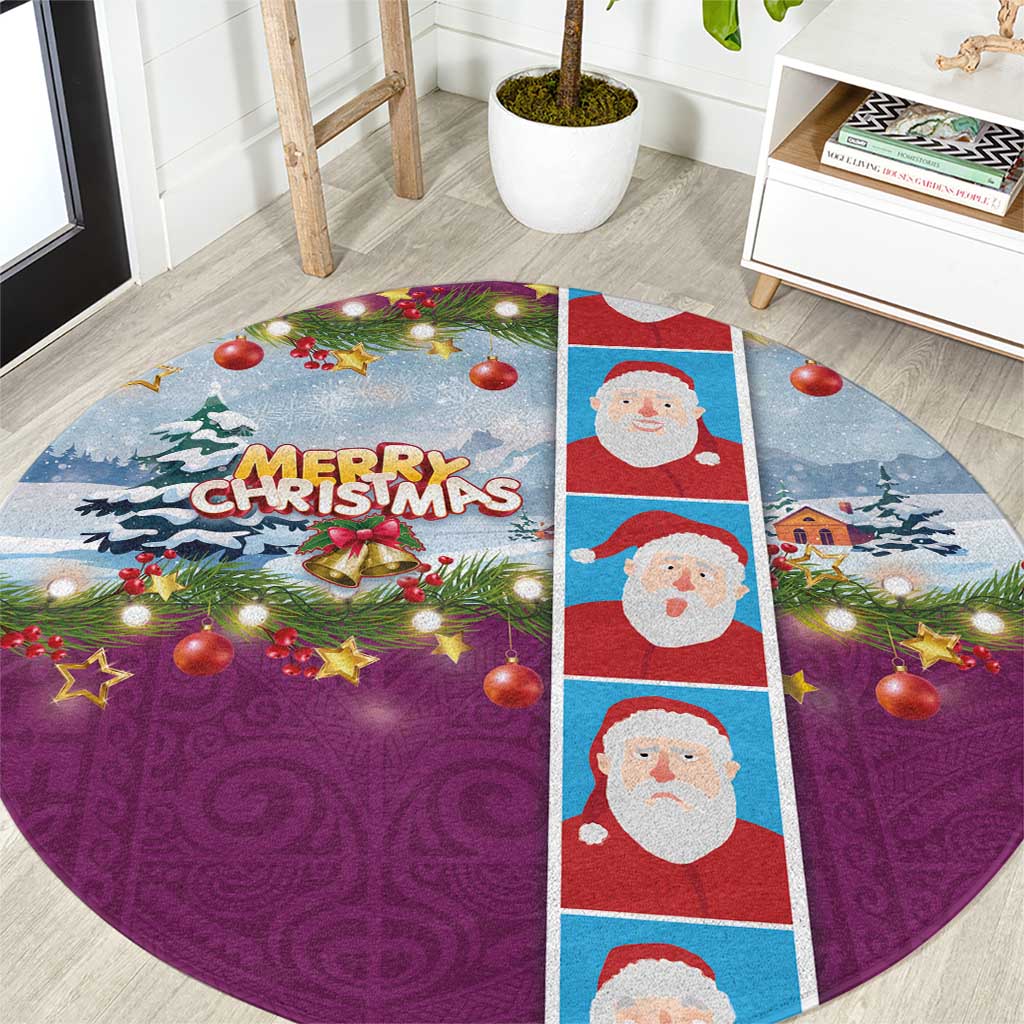 Merry Christmas Round Carpet Funny Santa Claus Cards Photo and Polynesian Pattern Pink Color LT03 Pink - Polynesian Pride
