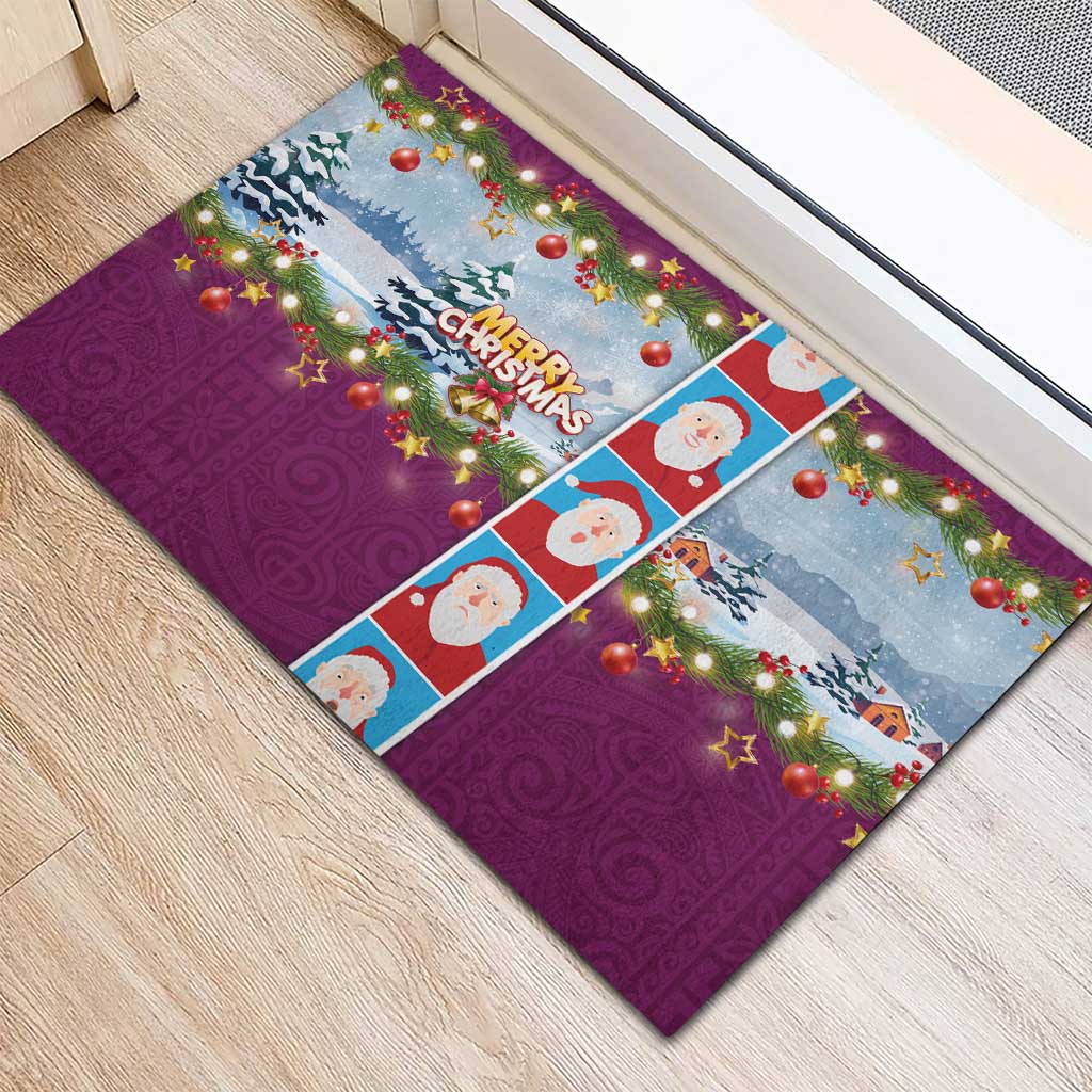 Merry Christmas Rubber Doormat Funny Santa Claus Cards Photo and Polynesian Pattern Pink Color