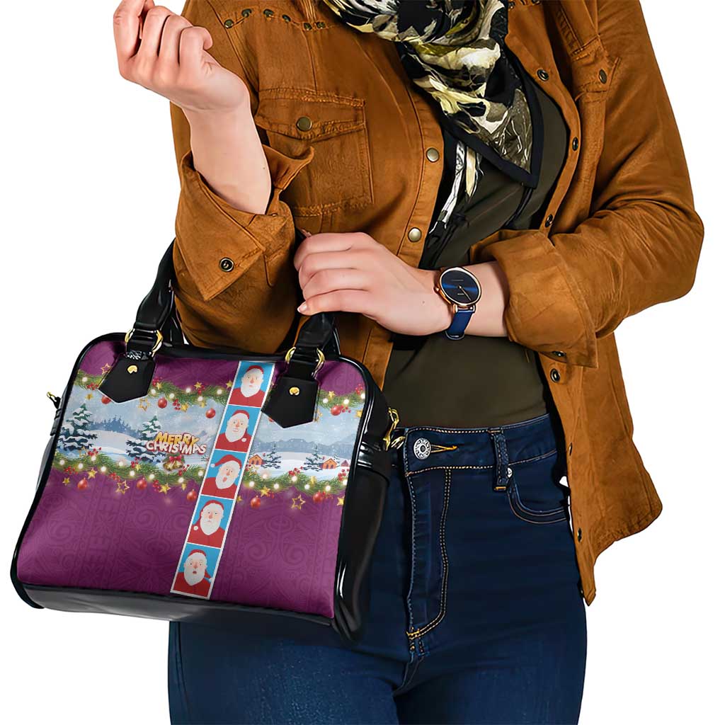 Merry Christmas Shoulder Handbag Funny Santa Claus Cards Photo and Polynesian Pattern Pink Color