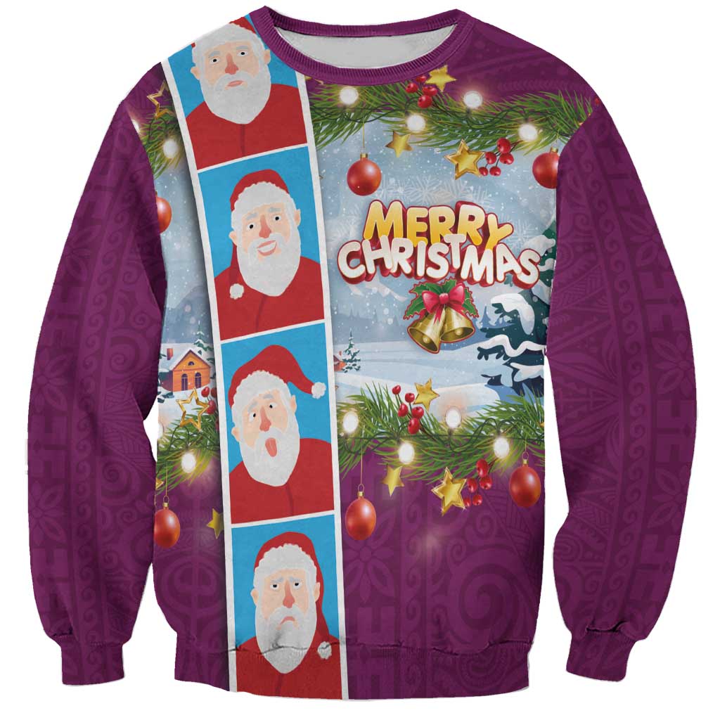 Merry Christmas Sweatshirt Funny Santa Claus Cards Photo and Polynesian Pattern Pink Color
