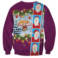 Merry Christmas Sweatshirt Funny Santa Claus Cards Photo and Polynesian Pattern Pink Color