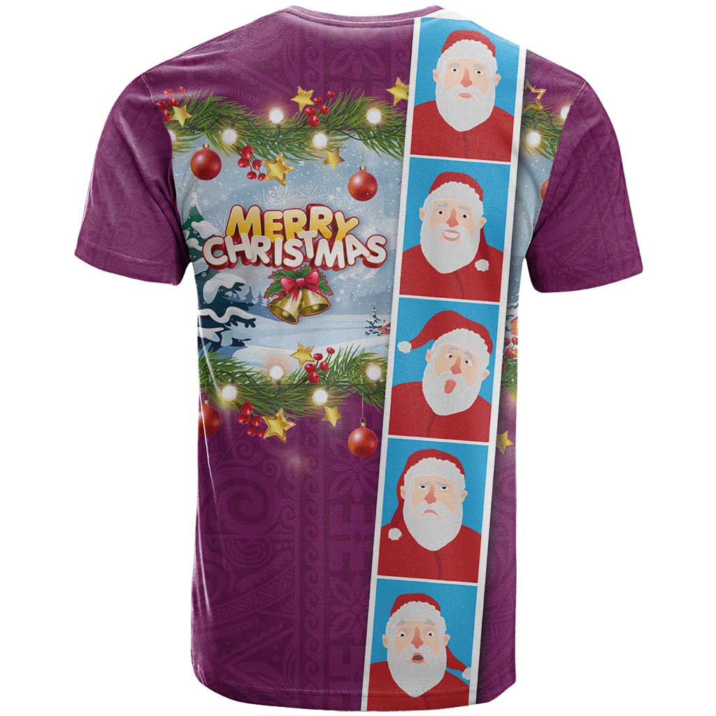Merry Christmas T Shirt Funny Santa Claus Cards Photo and Polynesian Pattern Pink Color