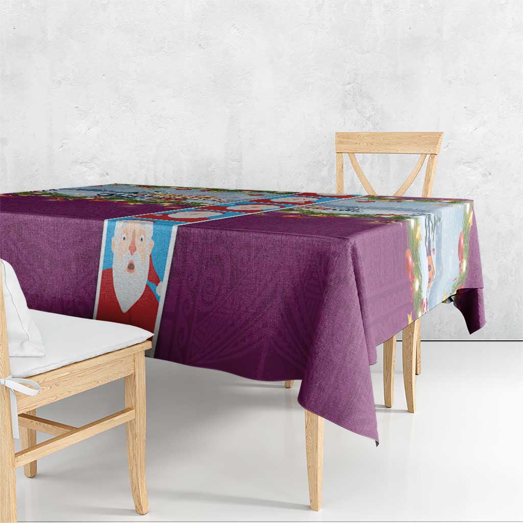 Merry Christmas Tablecloth Funny Santa Claus Cards Photo and Polynesian Pattern Pink Color
