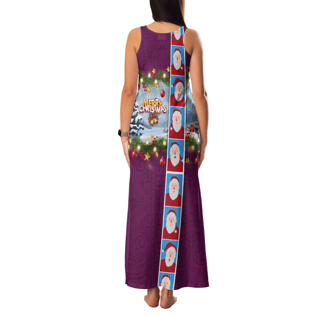 Merry Christmas Tank Maxi Dress Funny Santa Claus Cards Photo and Polynesian Pattern Pink Color