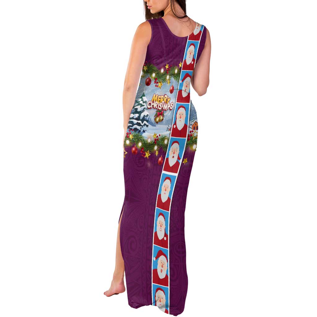 Merry Christmas Tank Maxi Dress Funny Santa Claus Cards Photo and Polynesian Pattern Pink Color