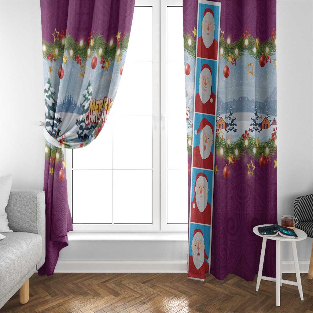 Merry Christmas Window Curtain Funny Santa Claus Cards Photo and Polynesian Pattern Pink Color