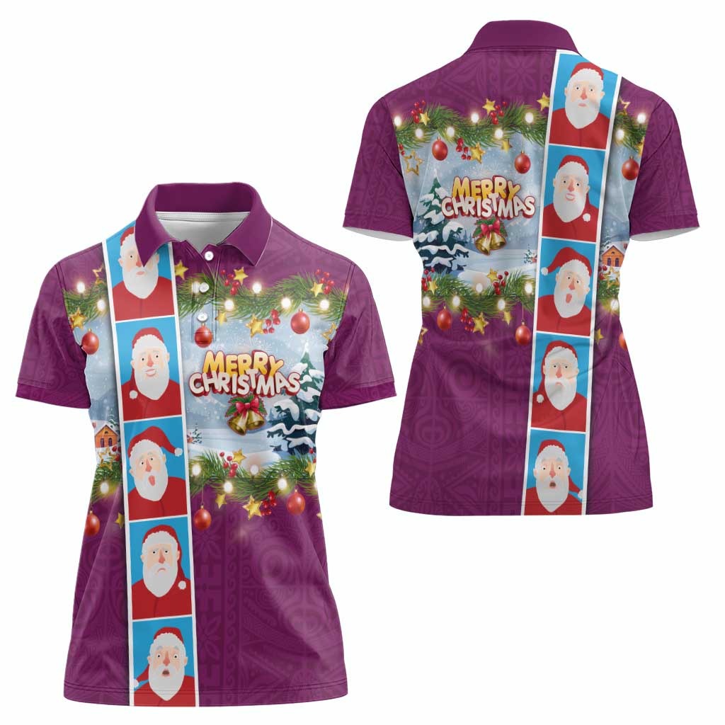 Merry Christmas Women Polo Shirt Funny Santa Claus Cards Photo and Polynesian Pattern Pink Color LT03 - Polynesian Pride