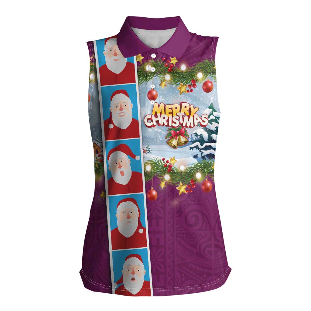 Merry Christmas Women Sleeveless Polo Shirt Funny Santa Claus Cards Photo and Polynesian Pattern Pink Color