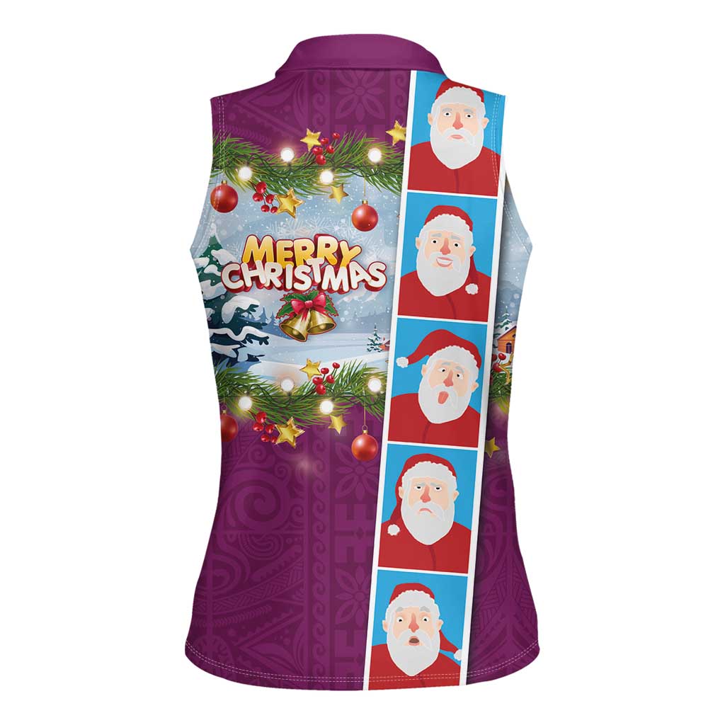 Merry Christmas Women Sleeveless Polo Shirt Funny Santa Claus Cards Photo and Polynesian Pattern Pink Color