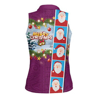 Merry Christmas Women Sleeveless Polo Shirt Funny Santa Claus Cards Photo and Polynesian Pattern Pink Color