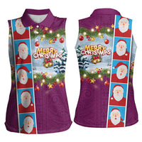 Merry Christmas Women Sleeveless Polo Shirt Funny Santa Claus Cards Photo and Polynesian Pattern Pink Color