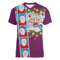 Merry Christmas Women V-Neck T-Shirt Funny Santa Claus Cards Photo and Polynesian Pattern Pink Color