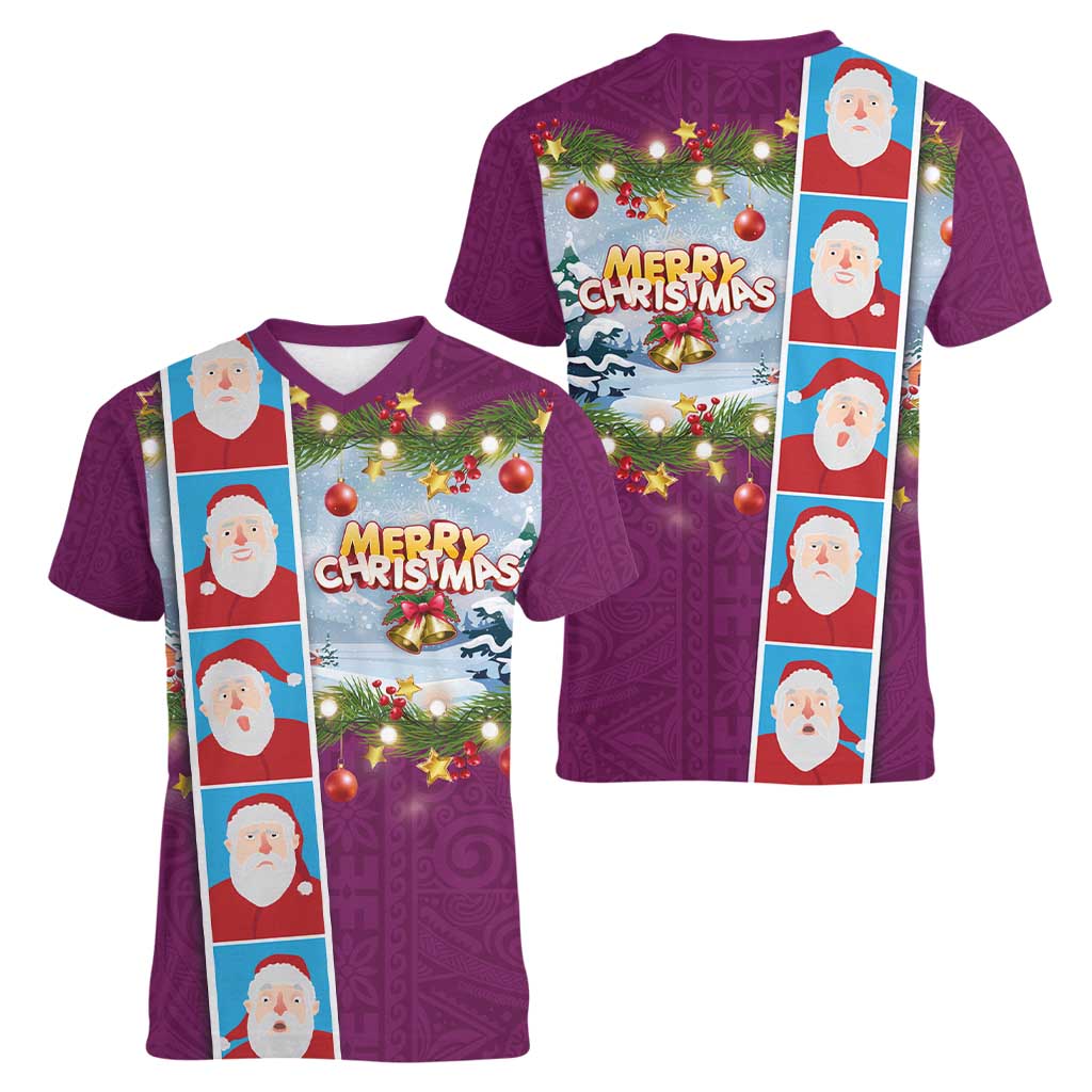 Merry Christmas Women V-Neck T-Shirt Funny Santa Claus Cards Photo and Polynesian Pattern Pink Color