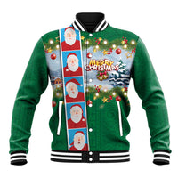 Merry Christmas Baseball Jacket Funny Santa Claus Cards Photo and Polynesian Pattern Green Color