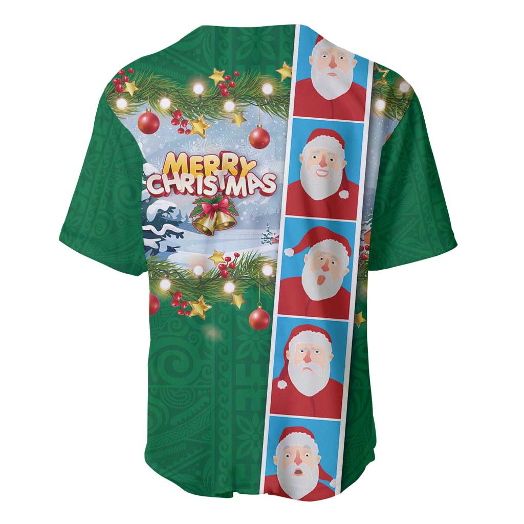 Merry Christmas Baseball Jersey Funny Santa Claus Cards Photo and Polynesian Pattern Green Color LT03 - Polynesian Pride