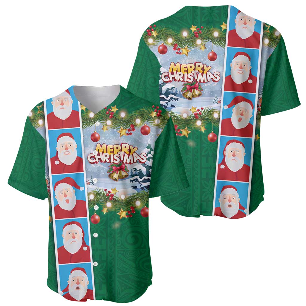 Merry Christmas Baseball Jersey Funny Santa Claus Cards Photo and Polynesian Pattern Green Color LT03 - Polynesian Pride