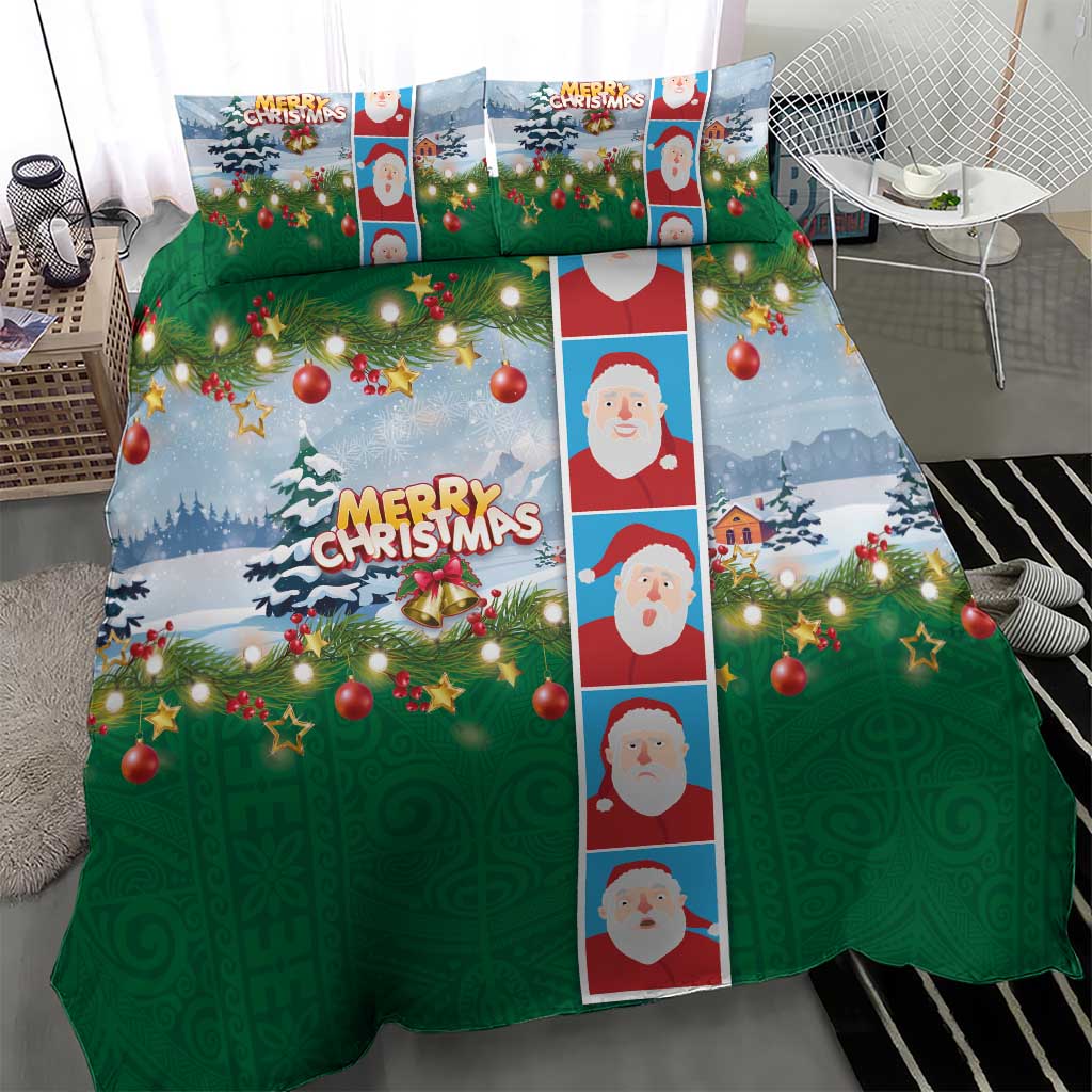 Merry Christmas Bedding Set Funny Santa Claus Cards Photo and Polynesian Pattern Green Color