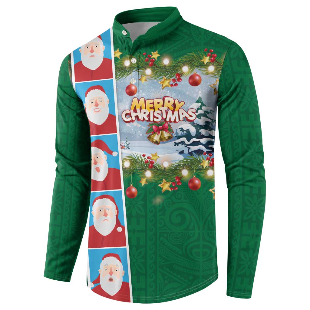 Merry Christmas Button Sweatshirt Funny Santa Claus Cards Photo and Polynesian Pattern Green Color