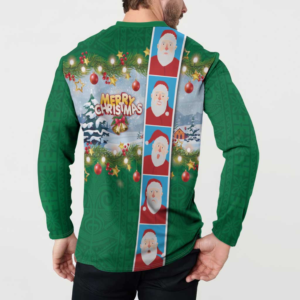 Merry Christmas Button Sweatshirt Funny Santa Claus Cards Photo and Polynesian Pattern Green Color