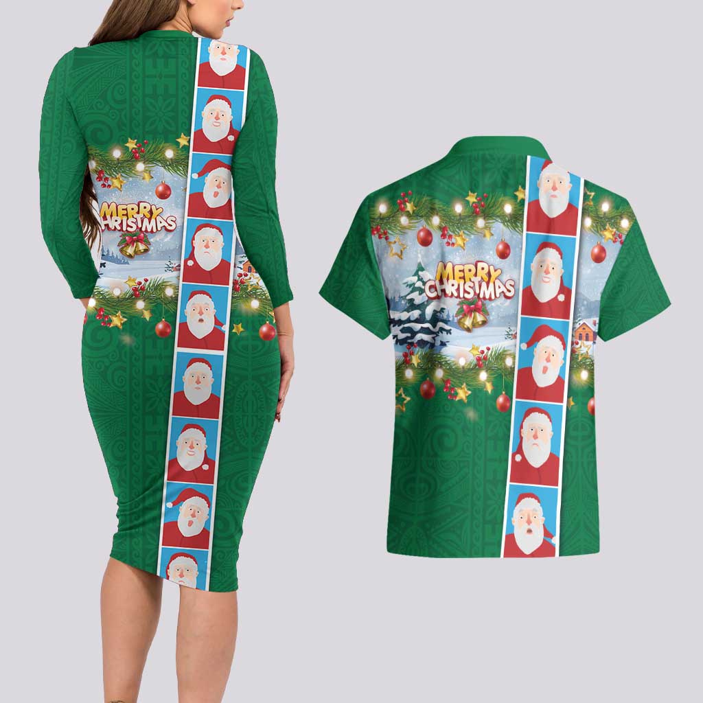 Merry Christmas Couples Matching Long Sleeve Bodycon Dress and Hawaiian Shirt Funny Santa Claus Cards Photo and Polynesian Pattern Green Color LT03 - Polynesian Pride