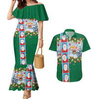 Merry Christmas Couples Matching Mermaid Dress and Hawaiian Shirt Funny Santa Claus Cards Photo and Polynesian Pattern Green Color LT03 Green - Polynesian Pride