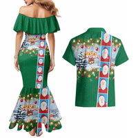 Merry Christmas Couples Matching Mermaid Dress and Hawaiian Shirt Funny Santa Claus Cards Photo and Polynesian Pattern Green Color LT03 - Polynesian Pride