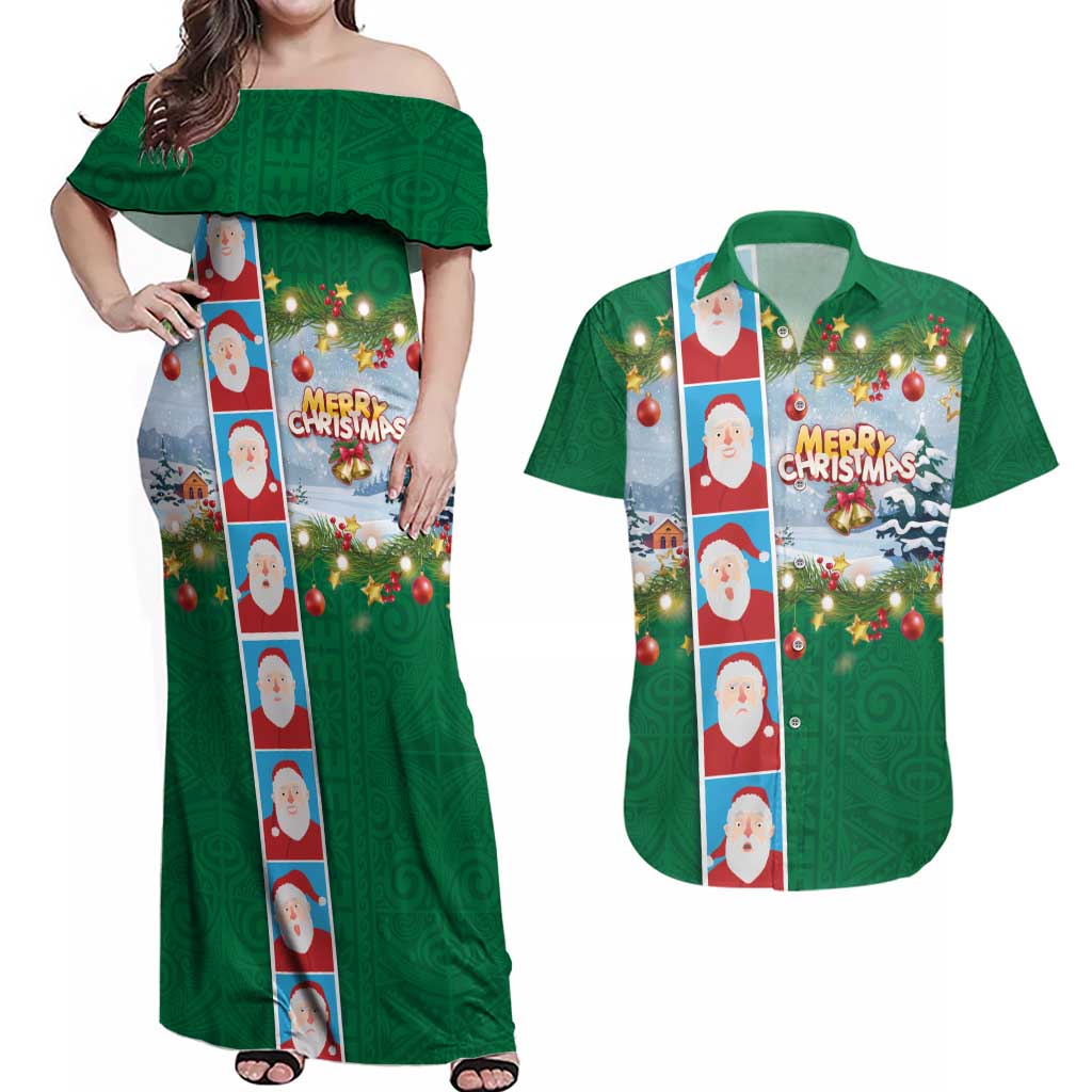 Merry Christmas Couples Matching Off Shoulder Maxi Dress and Hawaiian Shirt Funny Santa Claus Cards Photo and Polynesian Pattern Green Color LT03 Green - Polynesian Pride