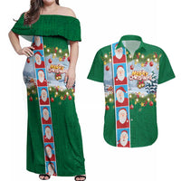 Merry Christmas Couples Matching Off Shoulder Maxi Dress and Hawaiian Shirt Funny Santa Claus Cards Photo and Polynesian Pattern Green Color LT03 Green - Polynesian Pride