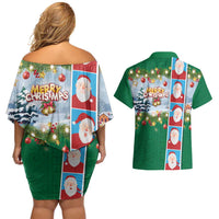 Merry Christmas Couples Matching Off Shoulder Short Dress and Hawaiian Shirt Funny Santa Claus Cards Photo and Polynesian Pattern Green Color LT03 - Polynesian Pride