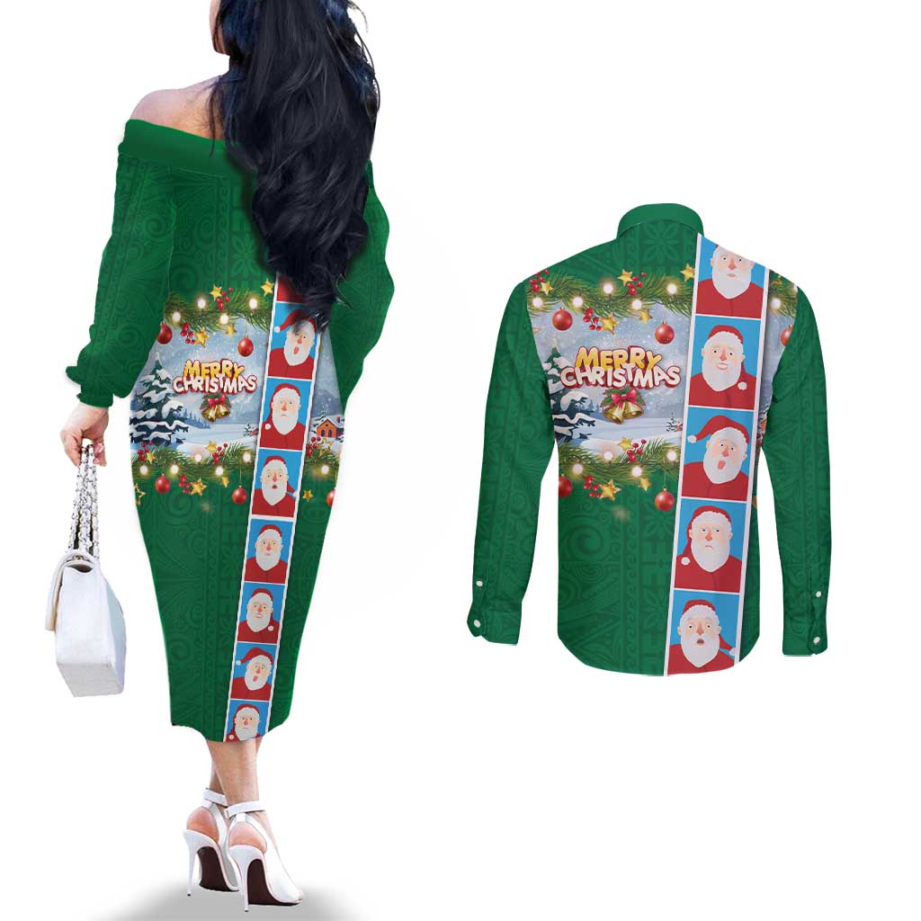 Merry Christmas Couples Matching Off The Shoulder Long Sleeve Dress and Long Sleeve Button Shirt Funny Santa Claus Cards Photo and Polynesian Pattern Green Color LT03 - Polynesian Pride
