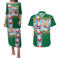 Merry Christmas Couples Matching Puletasi and Hawaiian Shirt Funny Santa Claus Cards Photo and Polynesian Pattern Green Color LT03 Green - Polynesian Pride