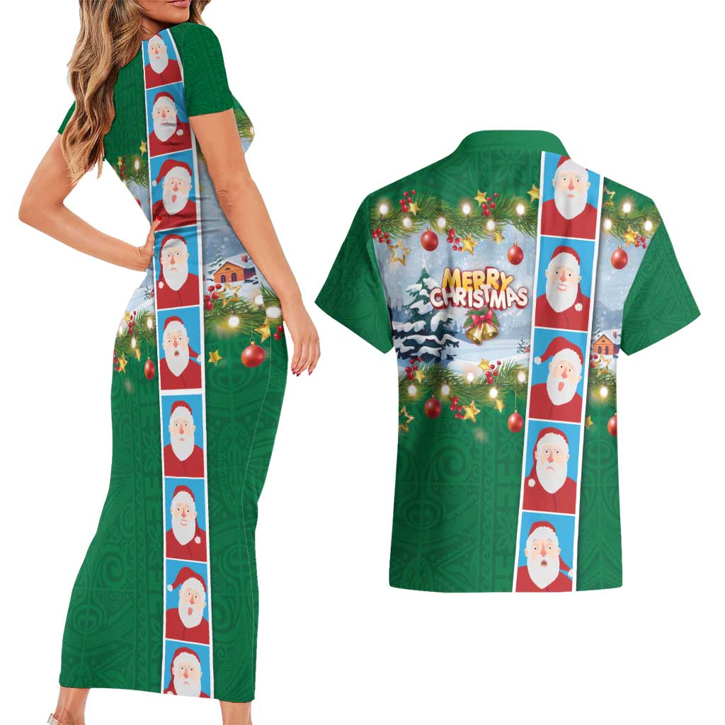 Merry Christmas Couples Matching Short Sleeve Bodycon Dress and Hawaiian Shirt Funny Santa Claus Cards Photo and Polynesian Pattern Green Color LT03 - Polynesian Pride