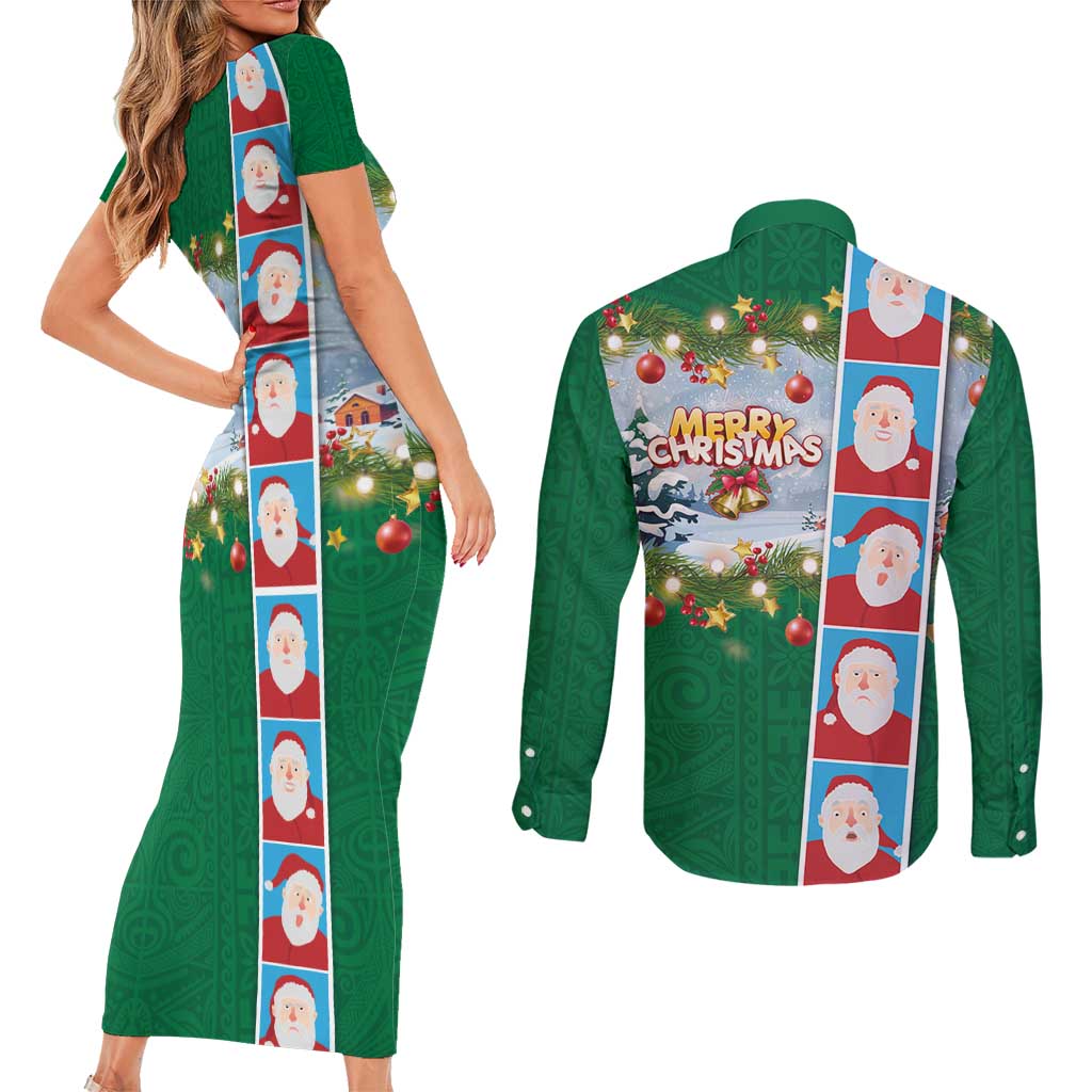 Merry Christmas Couples Matching Short Sleeve Bodycon Dress and Long Sleeve Button Shirt Funny Santa Claus Cards Photo and Polynesian Pattern Green Color LT03 - Polynesian Pride
