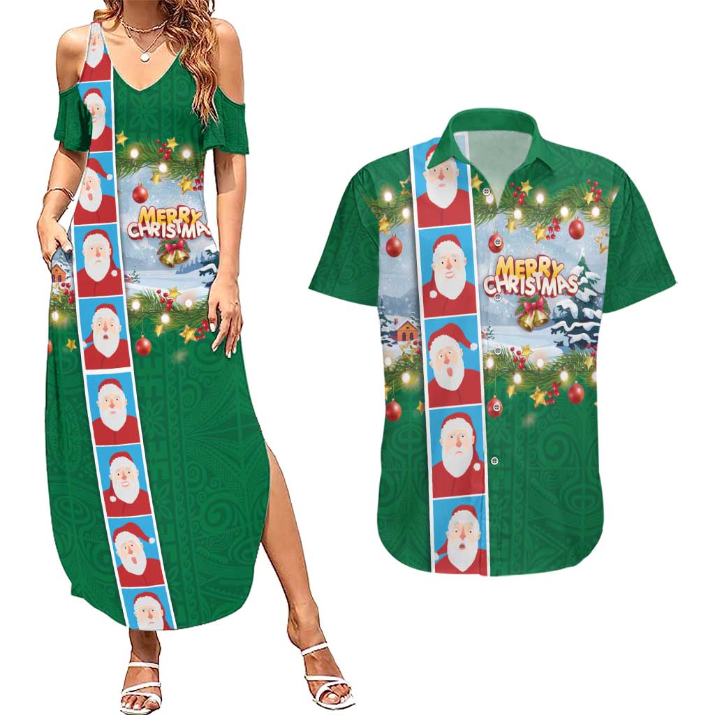 Merry Christmas Couples Matching Summer Maxi Dress and Hawaiian Shirt Funny Santa Claus Cards Photo and Polynesian Pattern Green Color LT03 Green - Polynesian Pride