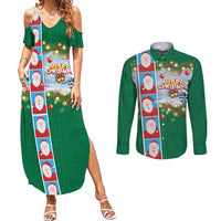 Merry Christmas Couples Matching Summer Maxi Dress and Long Sleeve Button Shirt Funny Santa Claus Cards Photo and Polynesian Pattern Green Color LT03 Green - Polynesian Pride