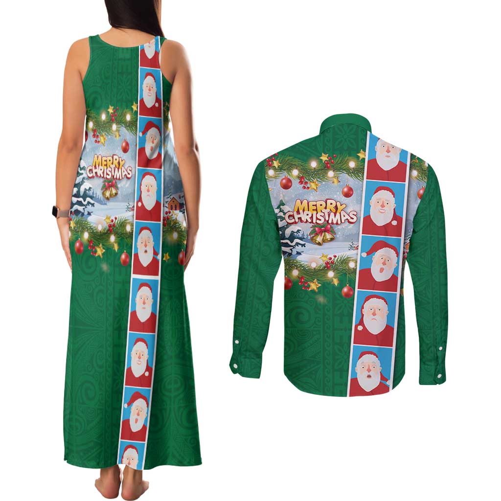 Merry Christmas Couples Matching Tank Maxi Dress and Long Sleeve Button Shirt Funny Santa Claus Cards Photo and Polynesian Pattern Green Color LT03 - Polynesian Pride