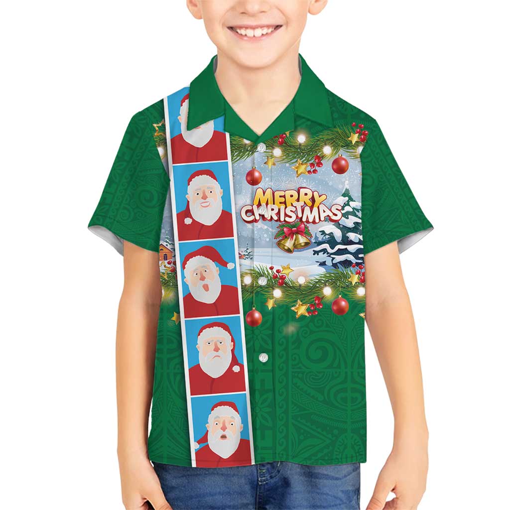 Merry Christmas Family Matching Long Sleeve Bodycon Dress and Hawaiian Shirt Funny Santa Claus Cards Photo and Polynesian Pattern Green Color LT03 Son's Shirt Green - Polynesian Pride
