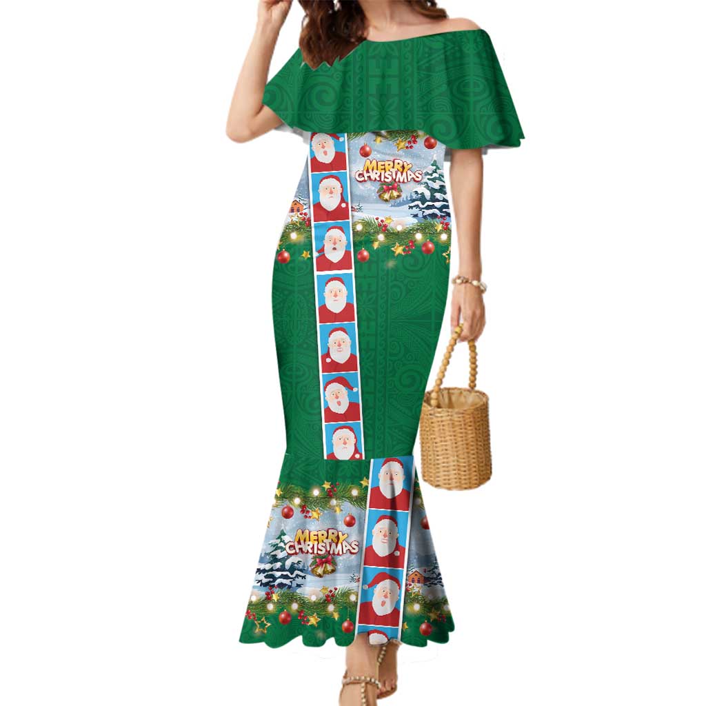 Merry Christmas Family Matching Mermaid Dress and Hawaiian Shirt Funny Santa Claus Cards Photo and Polynesian Pattern Green Color LT03 Mom's Dress Green - Polynesian Pride