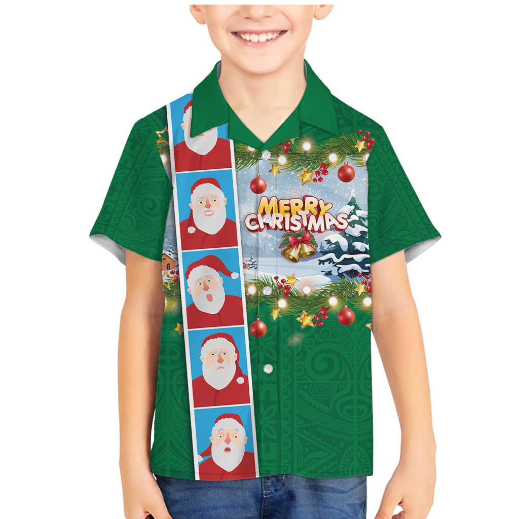 Merry Christmas Family Matching Mermaid Dress and Hawaiian Shirt Funny Santa Claus Cards Photo and Polynesian Pattern Green Color LT03 Son's Shirt Green - Polynesian Pride