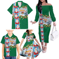 Merry Christmas Family Matching Off The Shoulder Long Sleeve Dress and Hawaiian Shirt Funny Santa Claus Cards Photo and Polynesian Pattern Green Color LT03 - Polynesian Pride