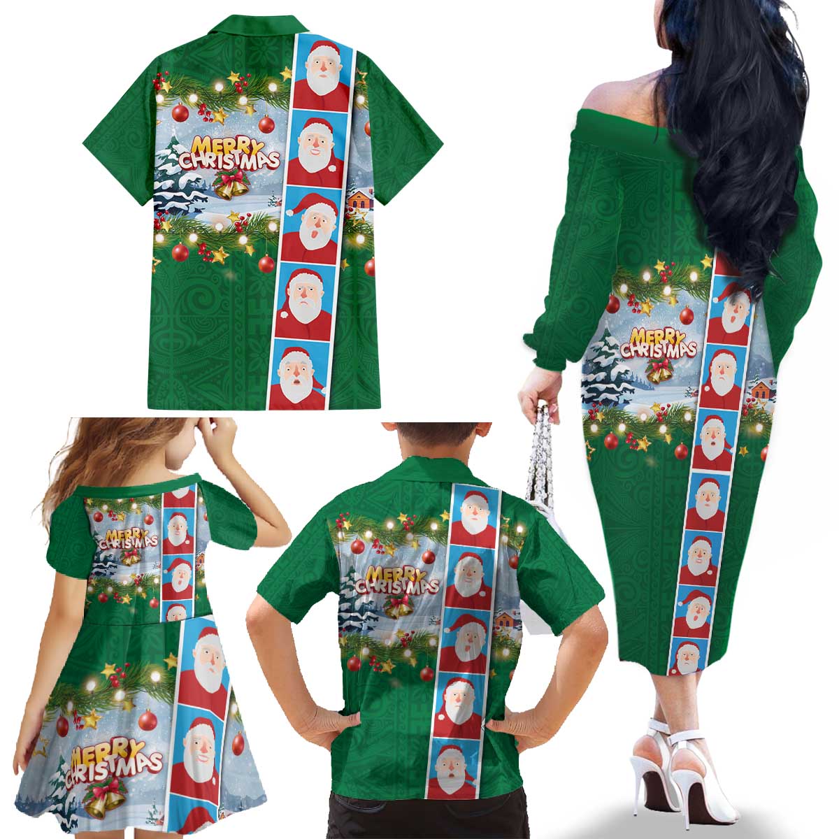 Merry Christmas Family Matching Off The Shoulder Long Sleeve Dress and Hawaiian Shirt Funny Santa Claus Cards Photo and Polynesian Pattern Green Color LT03 - Polynesian Pride