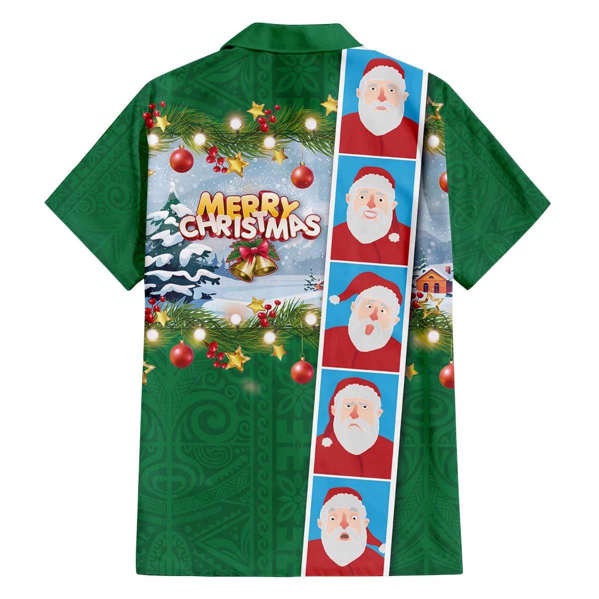 Merry Christmas Family Matching Off The Shoulder Long Sleeve Dress and Hawaiian Shirt Funny Santa Claus Cards Photo and Polynesian Pattern Green Color LT03 - Polynesian Pride