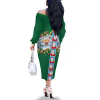 Merry Christmas Family Matching Off The Shoulder Long Sleeve Dress and Hawaiian Shirt Funny Santa Claus Cards Photo and Polynesian Pattern Green Color LT03 - Polynesian Pride