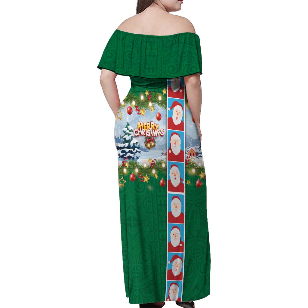 Merry Christmas Family Matching Off Shoulder Maxi Dress and Hawaiian Shirt Funny Santa Claus Cards Photo and Polynesian Pattern Green Color LT03 - Polynesian Pride