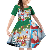 Merry Christmas Family Matching Off Shoulder Short Dress and Hawaiian Shirt Funny Santa Claus Cards Photo and Polynesian Pattern Green Color LT03 Daughter's Dress Green - Polynesian Pride