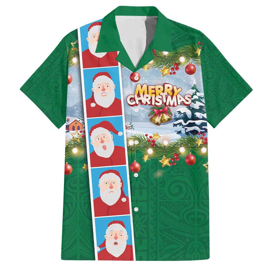 Merry Christmas Family Matching Off Shoulder Short Dress and Hawaiian Shirt Funny Santa Claus Cards Photo and Polynesian Pattern Green Color LT03 Dad's Shirt - Short Sleeve Green - Polynesian Pride