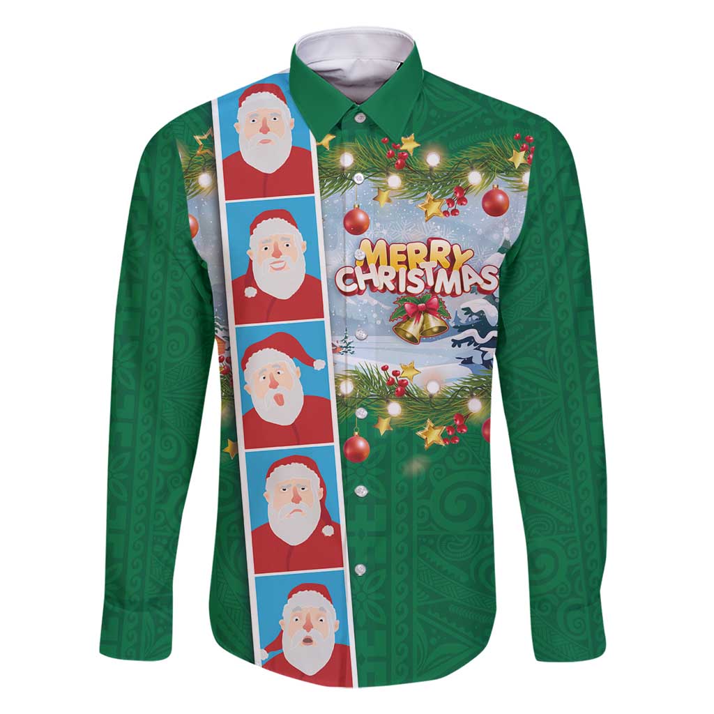 Merry Christmas Family Matching Off Shoulder Short Dress and Hawaiian Shirt Funny Santa Claus Cards Photo and Polynesian Pattern Green Color LT03 Dad's Shirt - Long Sleeve Green - Polynesian Pride
