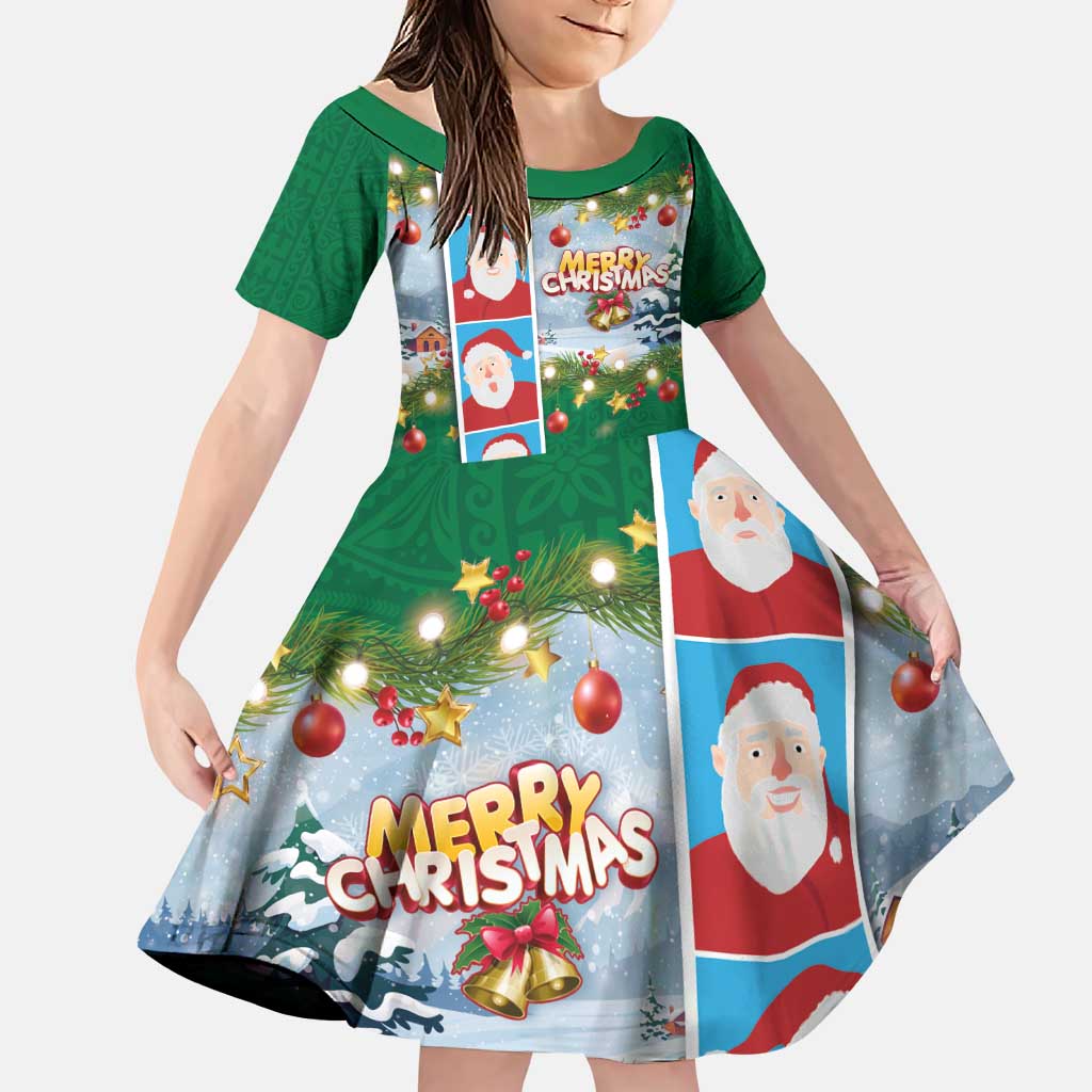 Merry Christmas Family Matching Puletasi and Hawaiian Shirt Funny Santa Claus Cards Photo and Polynesian Pattern Green Color LT03 Daughter's Dress Green - Polynesian Pride